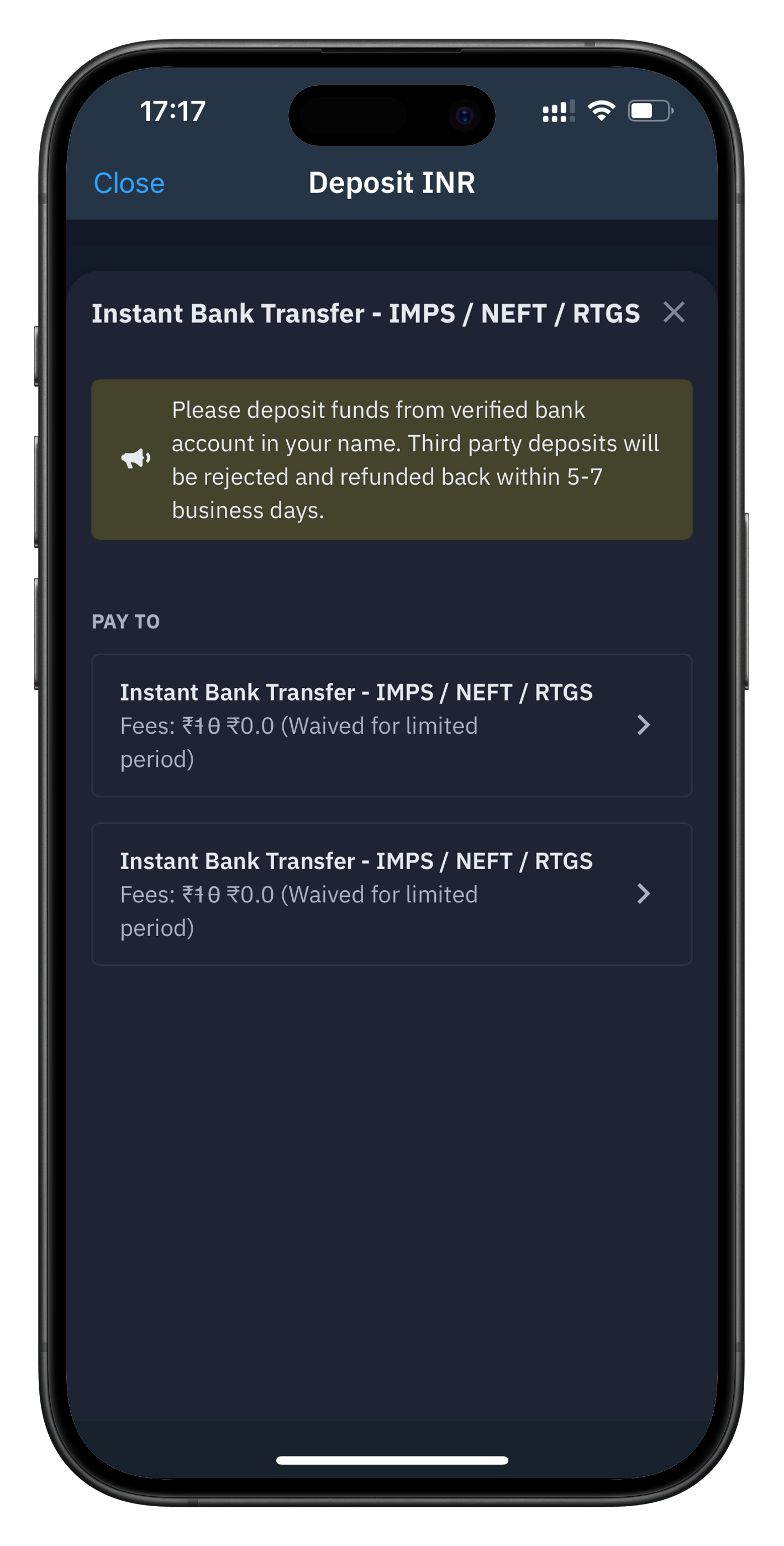 Instant bank transfer deposit screenshot 2