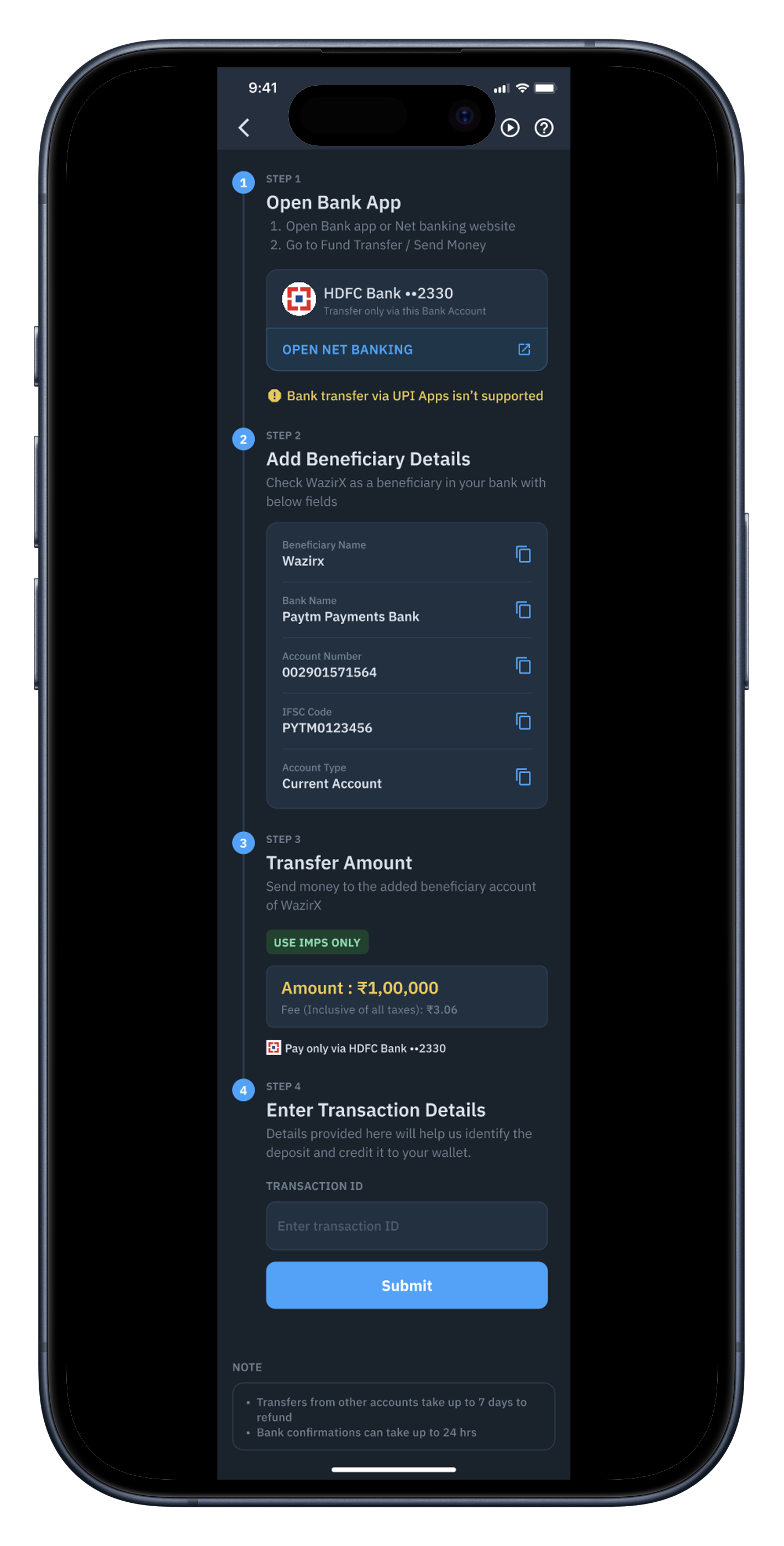 Standard INR deposit screenshot